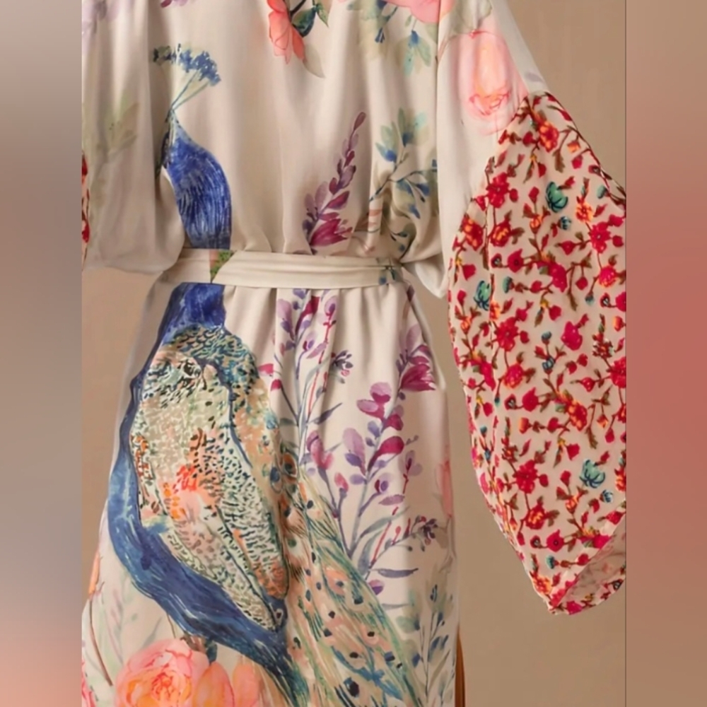 Floral Peacock Satin Robe with Bell Sleeves - White/Pink - Picture 2 of 13